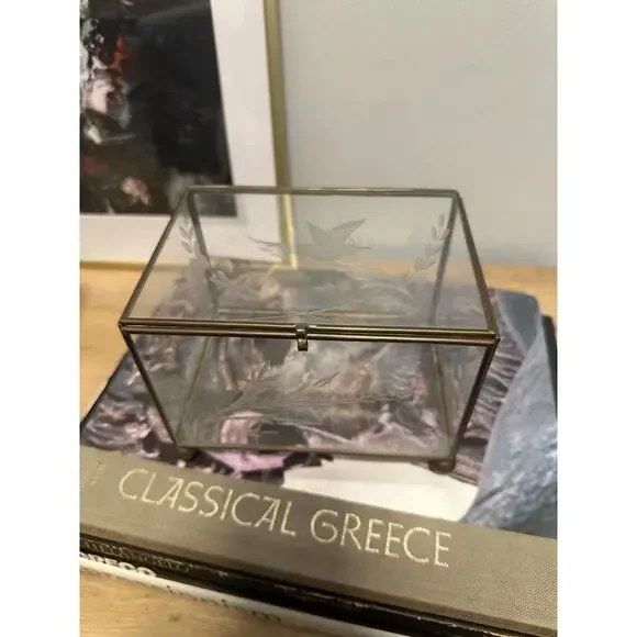 Vintage Etched Glass And Bronze Jewelry Display Catch All Box Floral Design - Picture 5 of 5